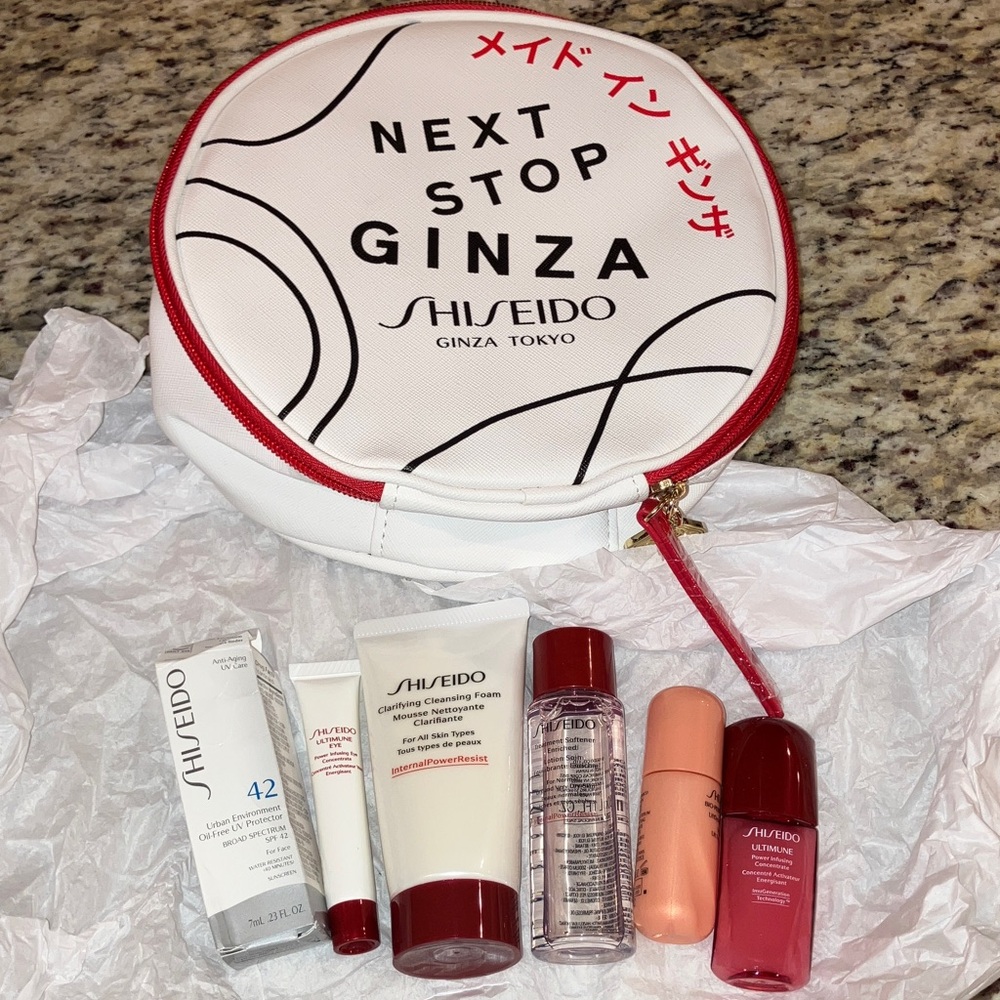 Shiseido Next Stop Ginza 7 Piece Skincare Gift Set Includes Travel Bag New Red